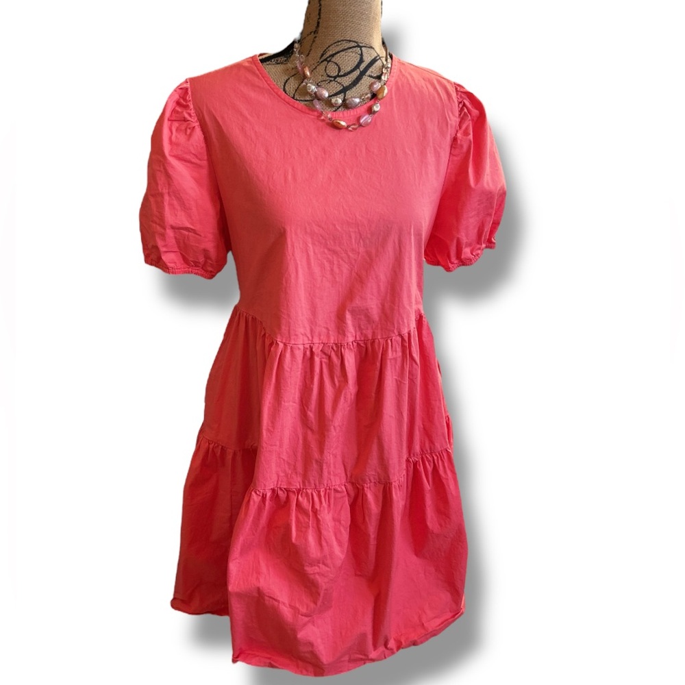 Adyson Parker Puff Sleeve Mini Shift Dress Island Pink Tiered XL